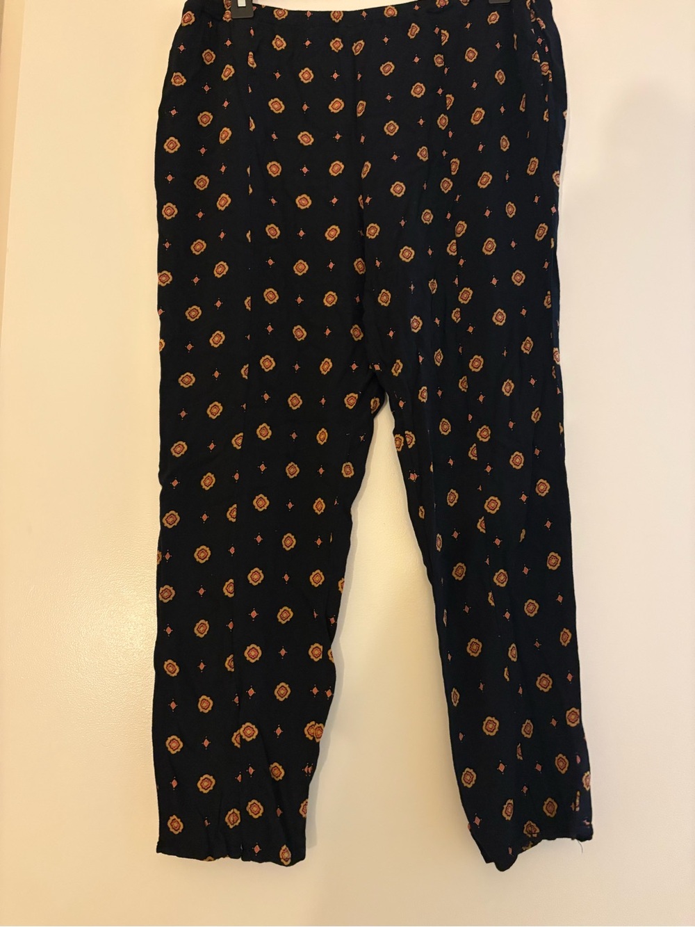 Black Cropped Ankle Pants with Orange Medallion Print